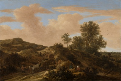 Pieter Molijn , Dünenlandschaft mit Pferdefuhrwerken (Dune Landscape with Horse-Drawn Carriages), 1645, oil on oak  , 49 ×  72.5 cm, Kunstmuseum St. Gallen, Maria and Johannes Krüppel-Stärk donation, 2018.